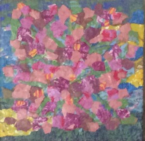 Arbuste fleuri Acrylique-collage, 2015 8 x 8 po.
